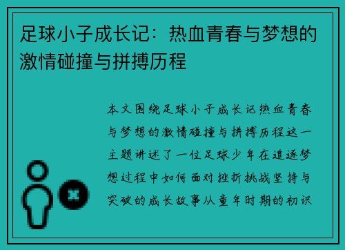 足球小子成长记：热血青春与梦想的激情碰撞与拼搏历程